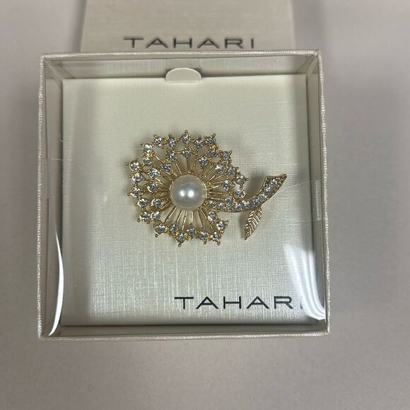 TAHARI Rare Gold Tone Rhinestones Faux Pearl Floral Pin Brooch - Picture 1 of 12